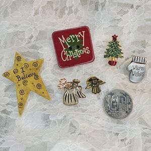 Christmas Theamed Lapel Pins • Vintage • Set of 6 • Pewter • Wood • Brooch